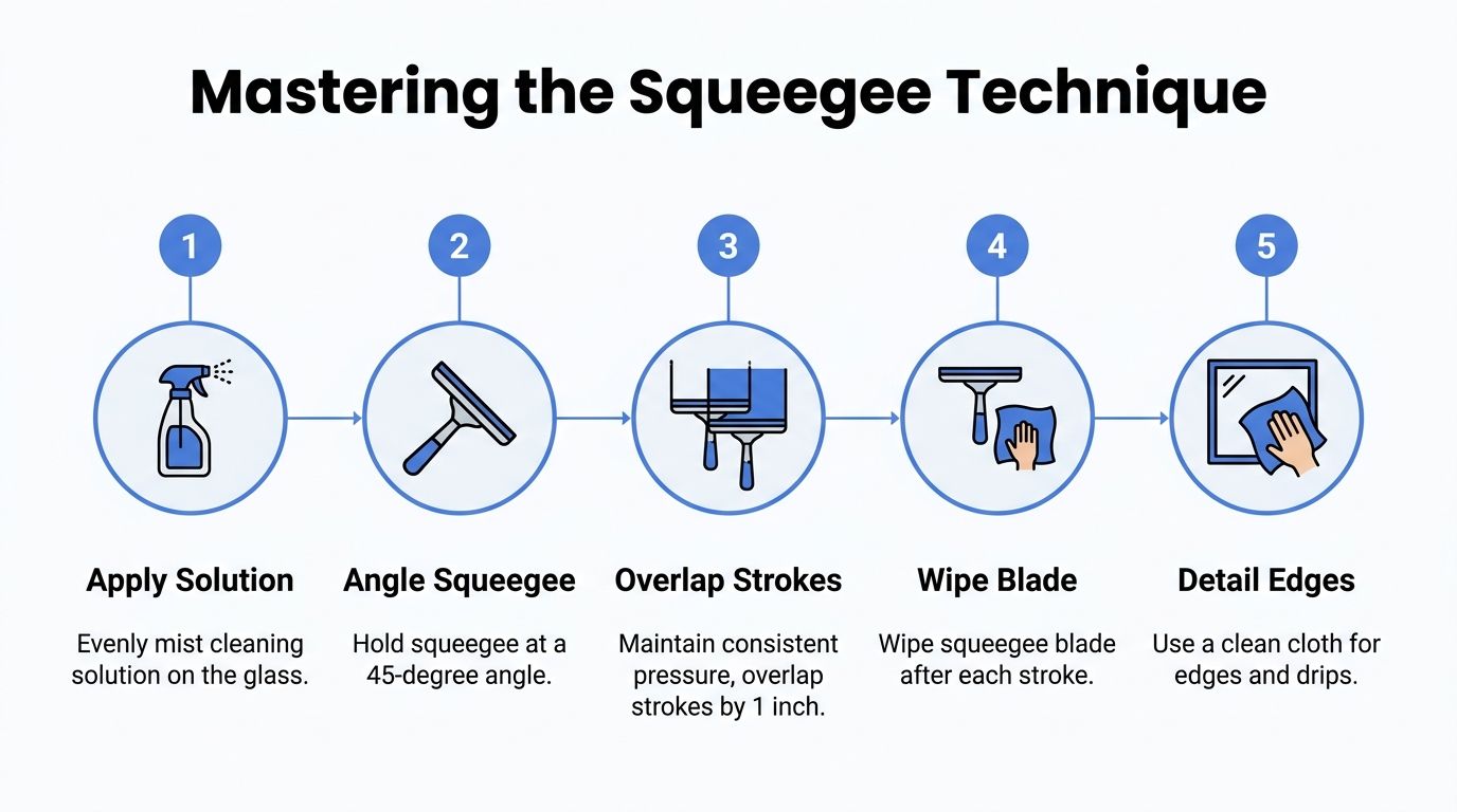 A five-step infographic illustrating how to properly clean glass surfaces using a professional squeegee technique.