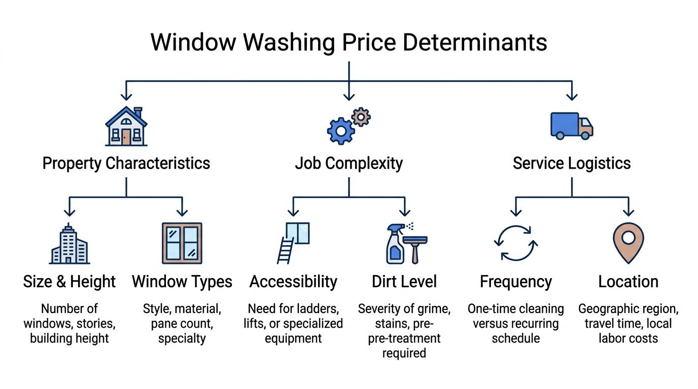 An infographic showing the main factors that determine the cost of professional window washing services.