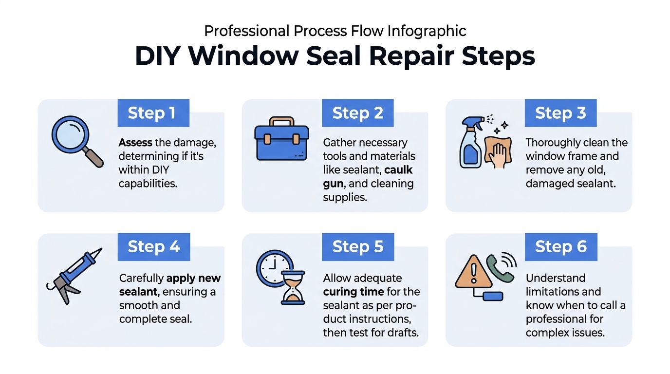 An infographic illustrating six step-by-step instructions for performing a DIY window seal repair at home.