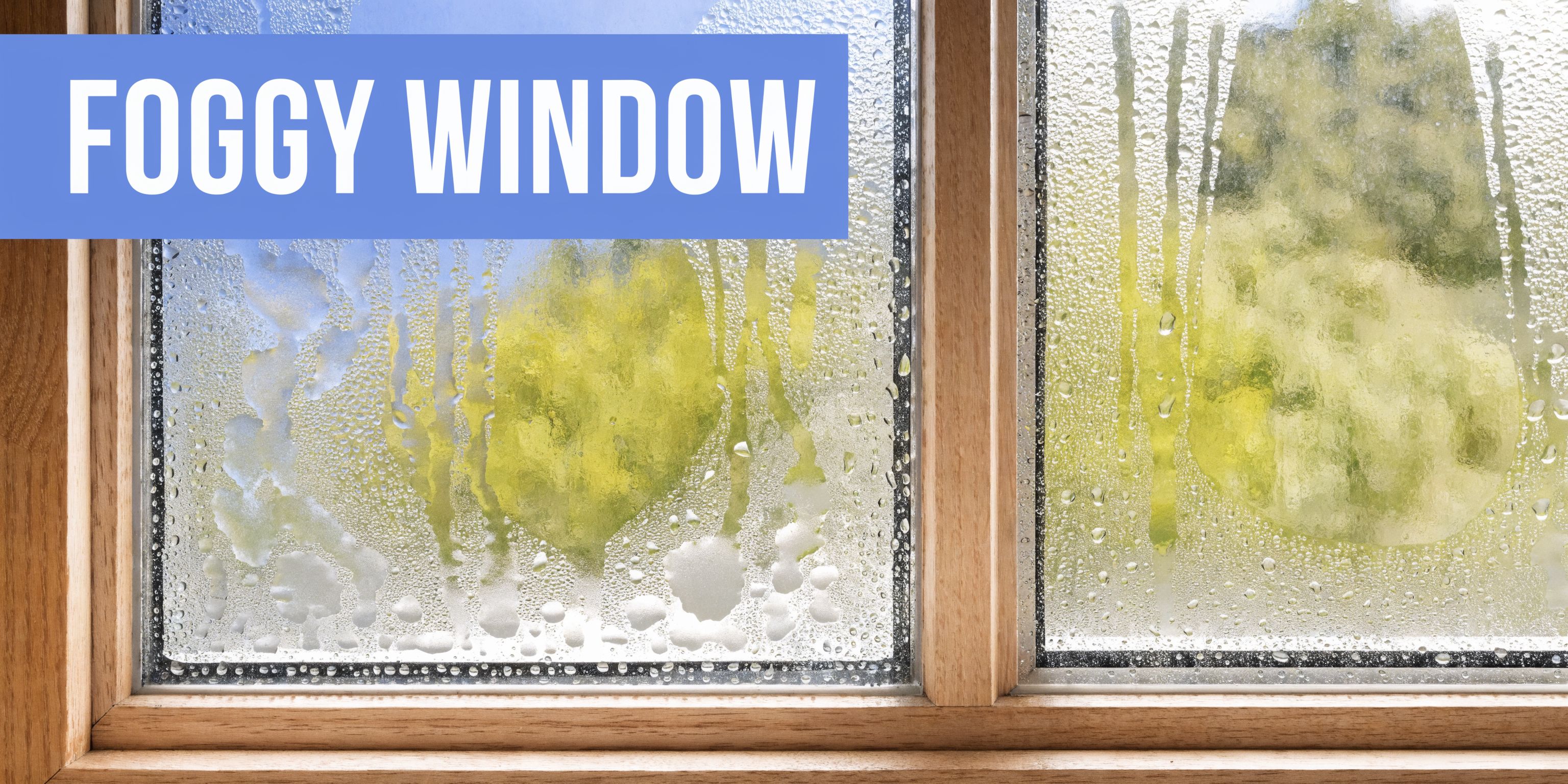 A close-up of a condensation-covered wooden window pane, highlighting potential issues with insulated glass seal failure.