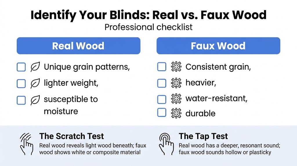 A professional checklist infographic comparing the characteristics of real wood and faux wood window blinds.