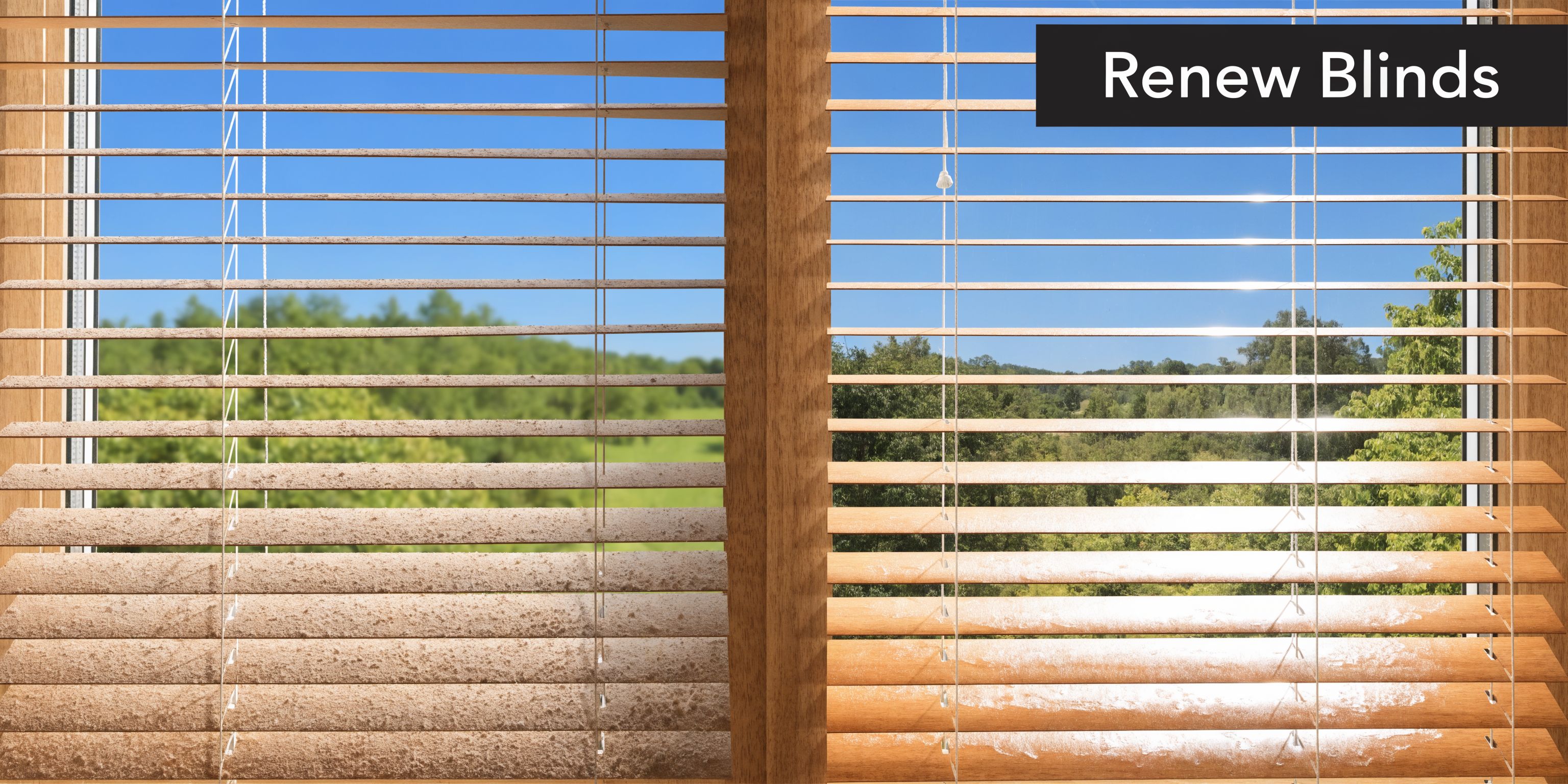 A split-screen view comparing dirty dusty wooden blinds on the left to clean polished blinds on the right.