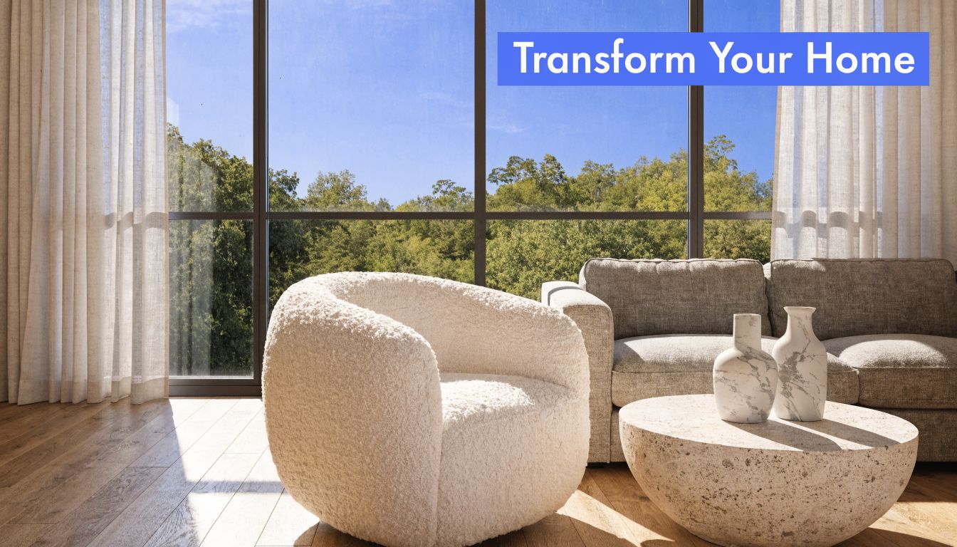 A cozy living room featuring a fluffy white accent chair, a neutral sofa, and large windows.