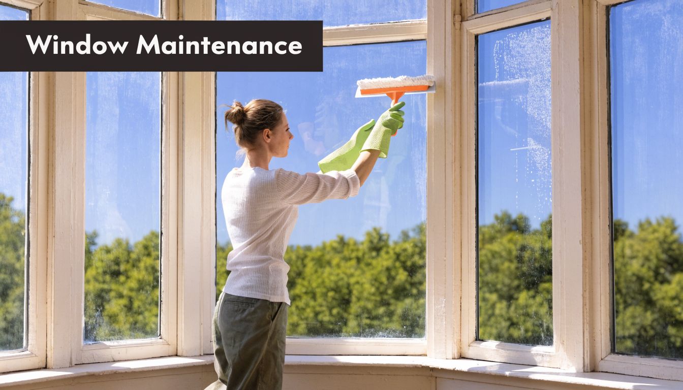 A young woman wearing green gloves cleaning a large bay window with a squeegee tool.