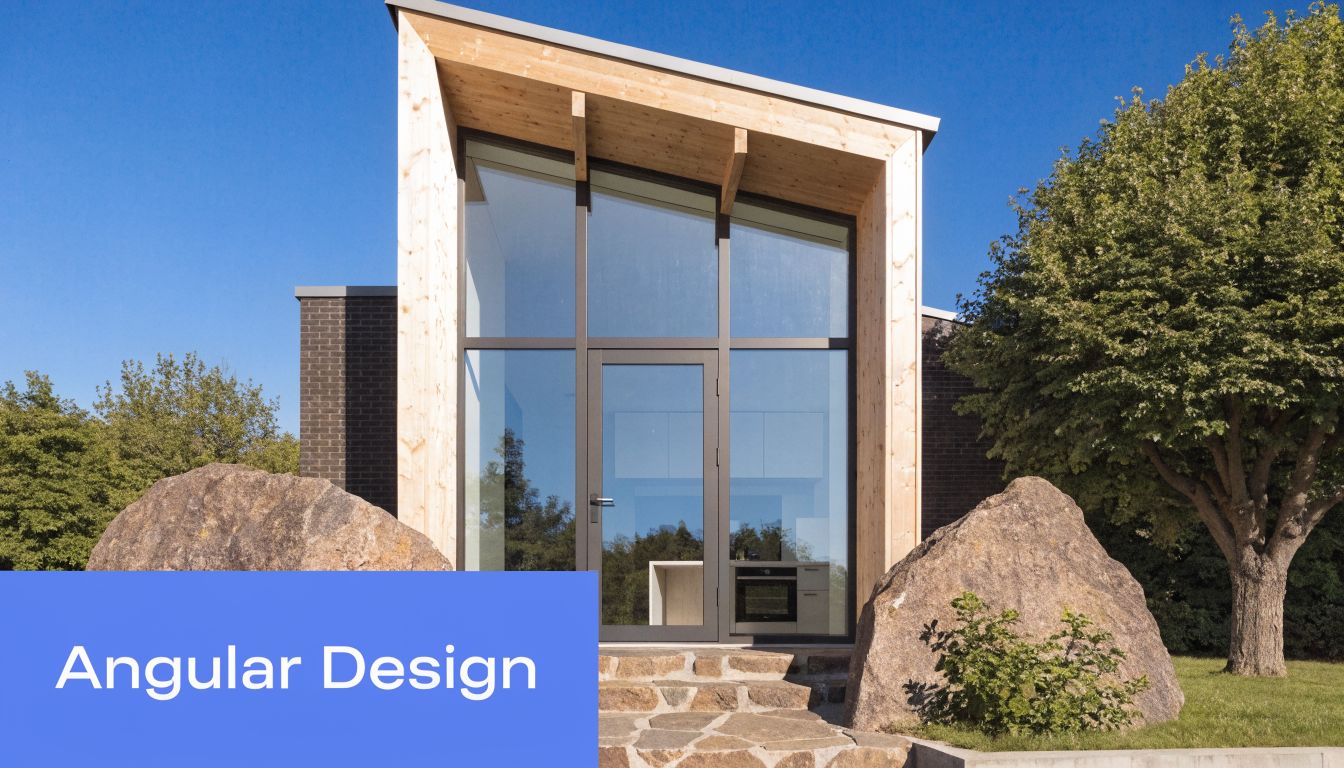 A modern architectural building with a sloped wooden roof, large glass windows, and stone landscaping features.