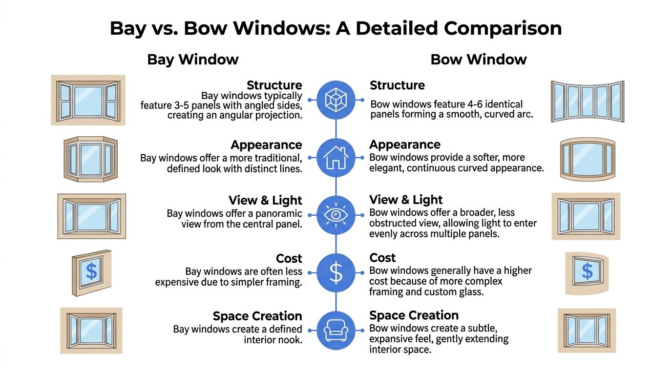 A comparison chart outlining the key differences between bay and bow windows regarding structure, appearance, light, and cost.