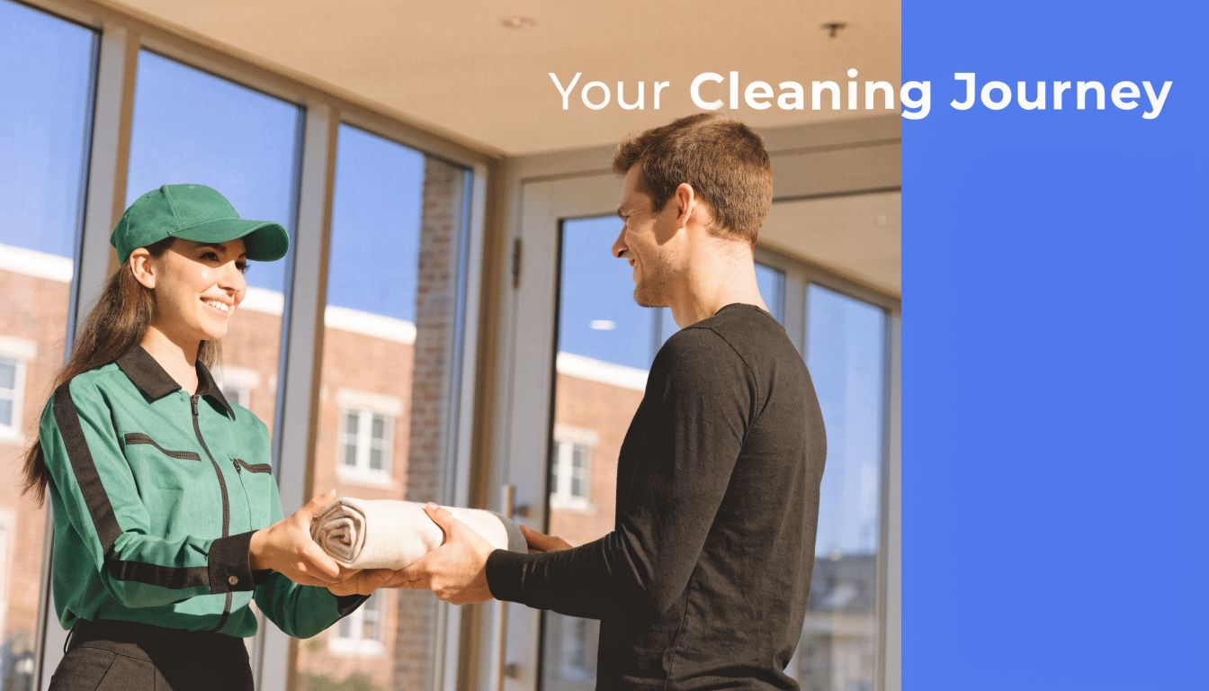 A professional cleaner in a green uniform hands a freshly cleaned fabric roll to a client.