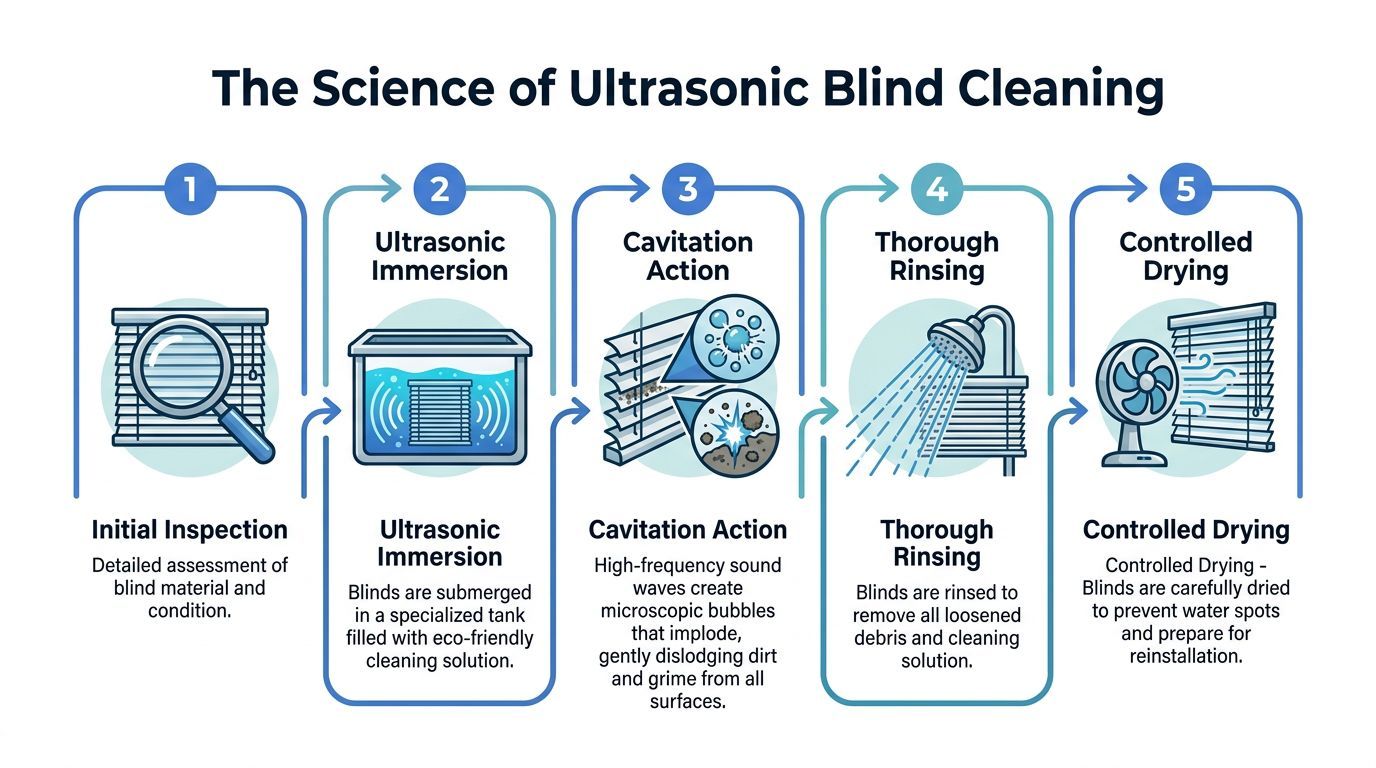 A five-step infographic illustrating the professional science and process of ultrasonic blind cleaning services.