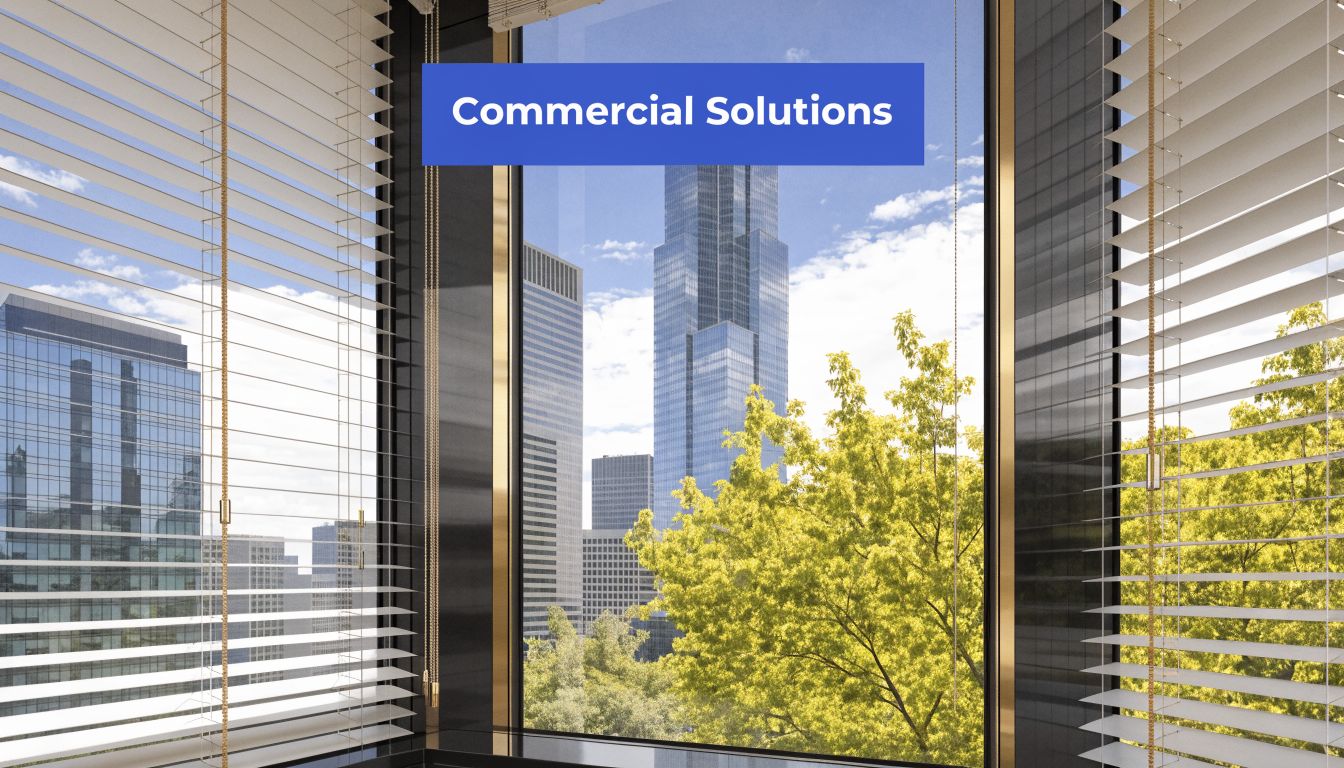 A view of a modern city skyline seen through an office window with closed venetian blinds.