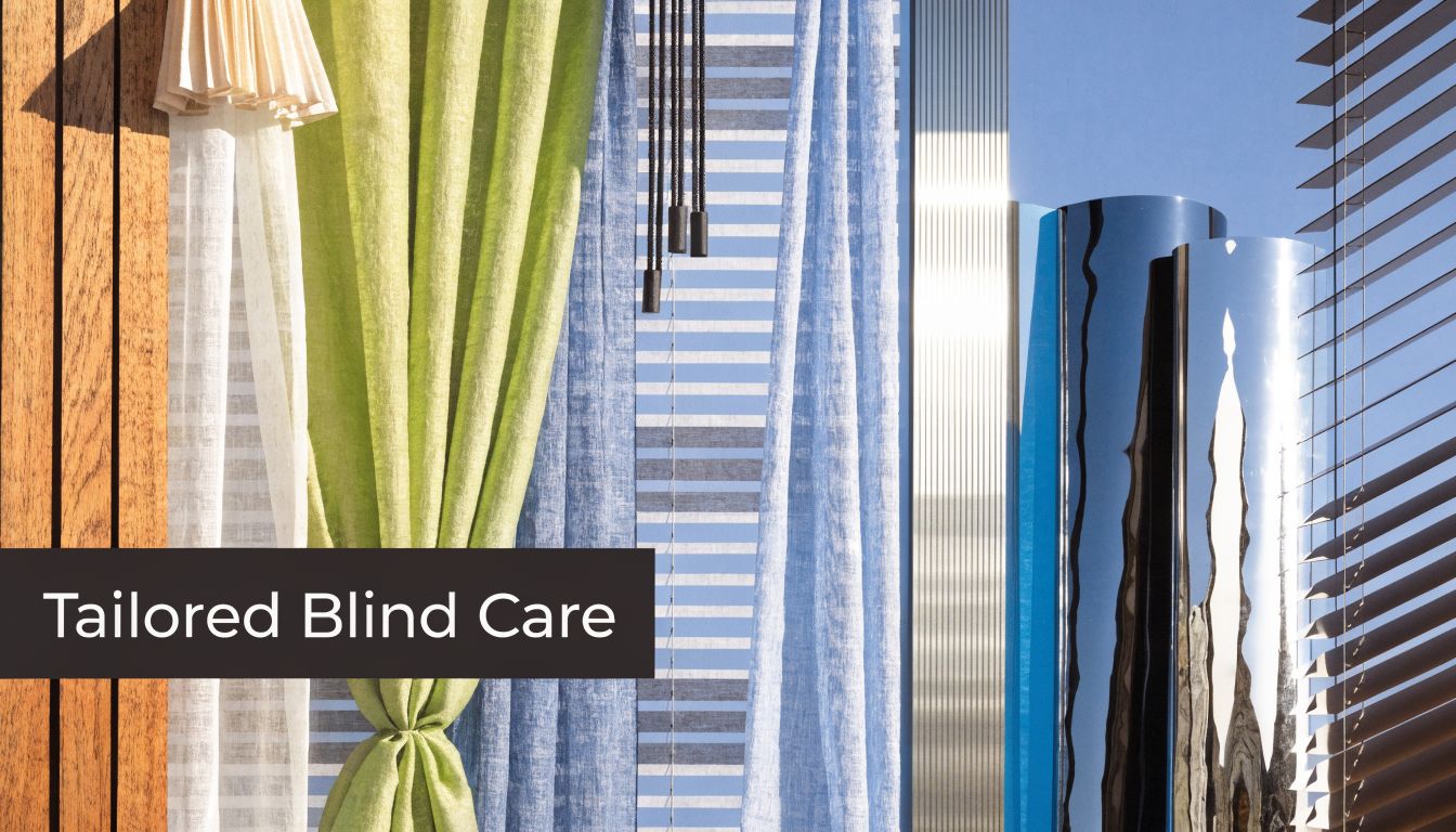 A display of various window coverings including green and blue curtains, blinds, and reflective panels.