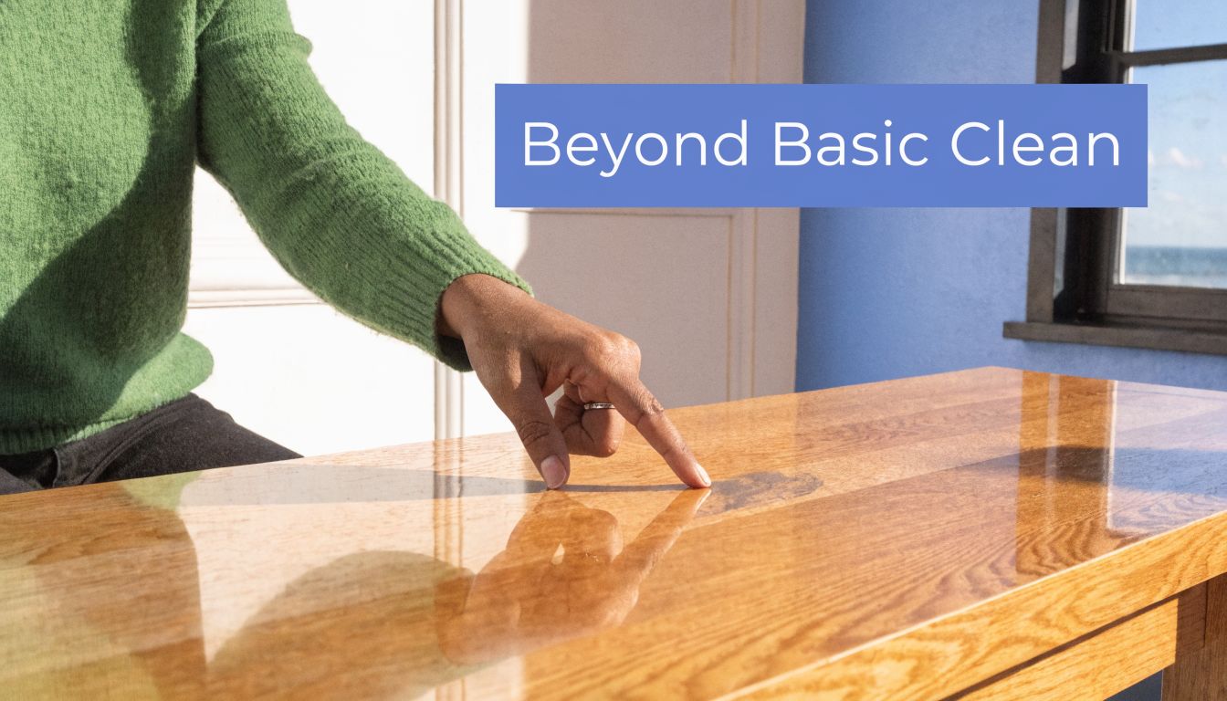 A person in a green sweater pointing at a clean wooden desk surface for inspection.