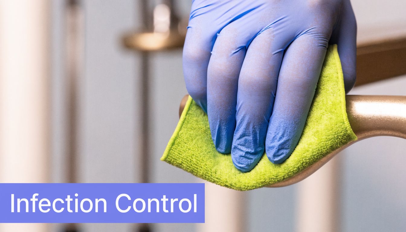 A person wearing blue medical gloves uses a green cloth to sanitize a door handle.
