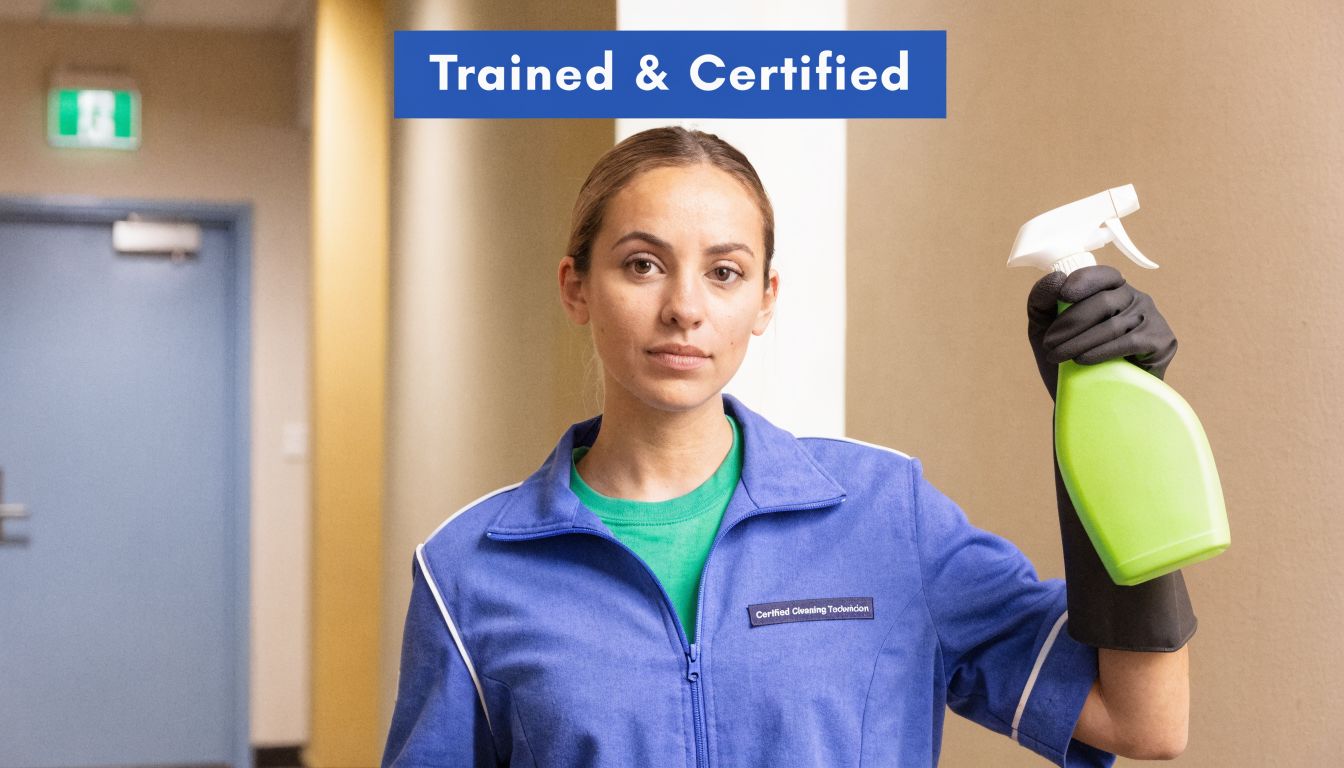 A professional cleaner wearing a blue uniform holding a green spray bottle in a hallway.
