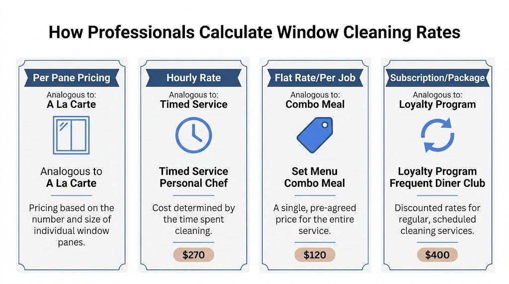 A chart illustrating four common methods professionals use to calculate window cleaning service rates for customers.