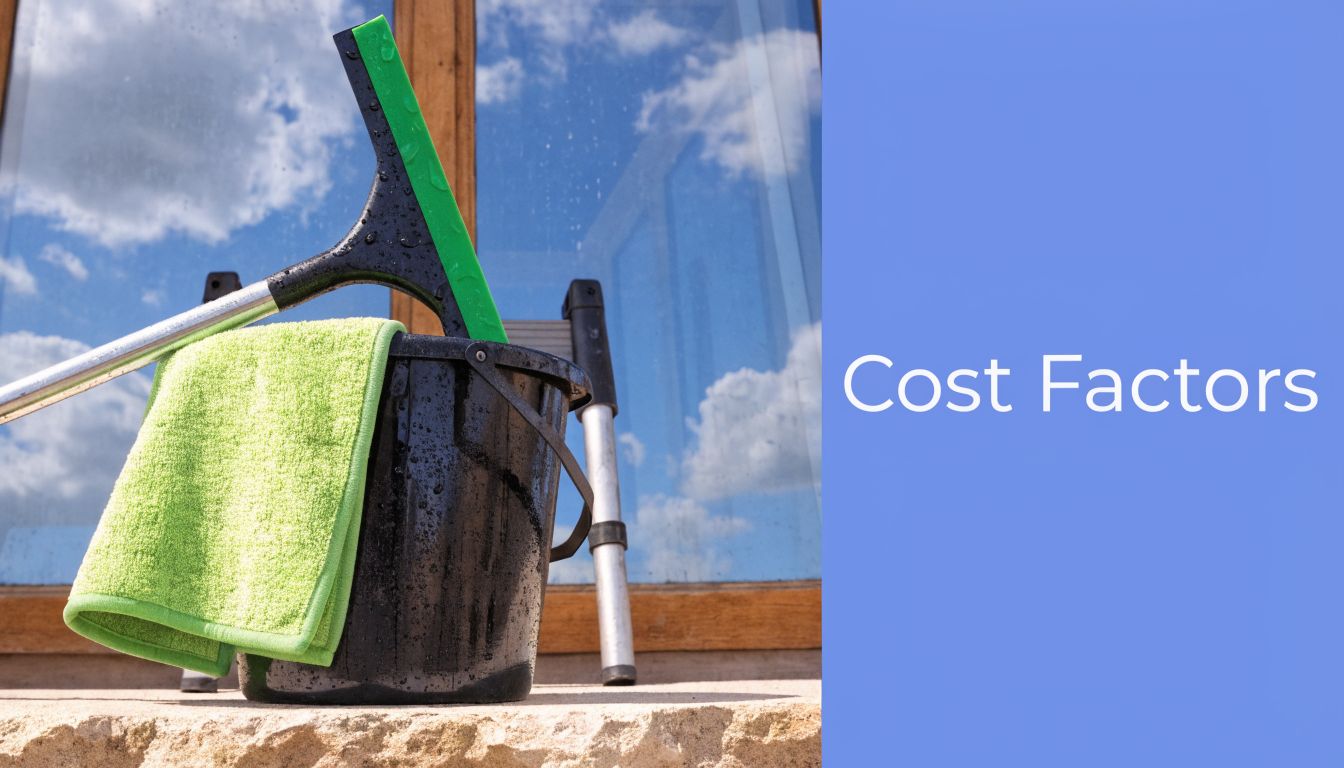 A squeegee and a green cloth placed in a black bucket against a window background.