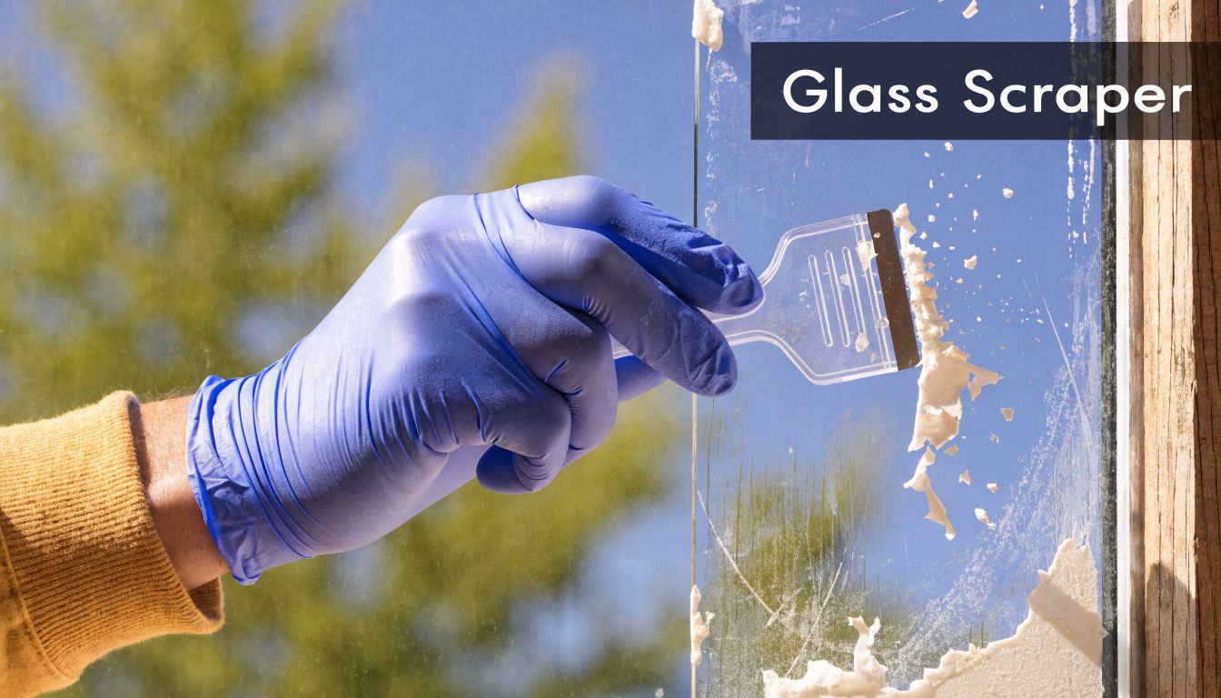 A gloved hand uses a plastic glass scraper to remove white paint residue from a window pane.