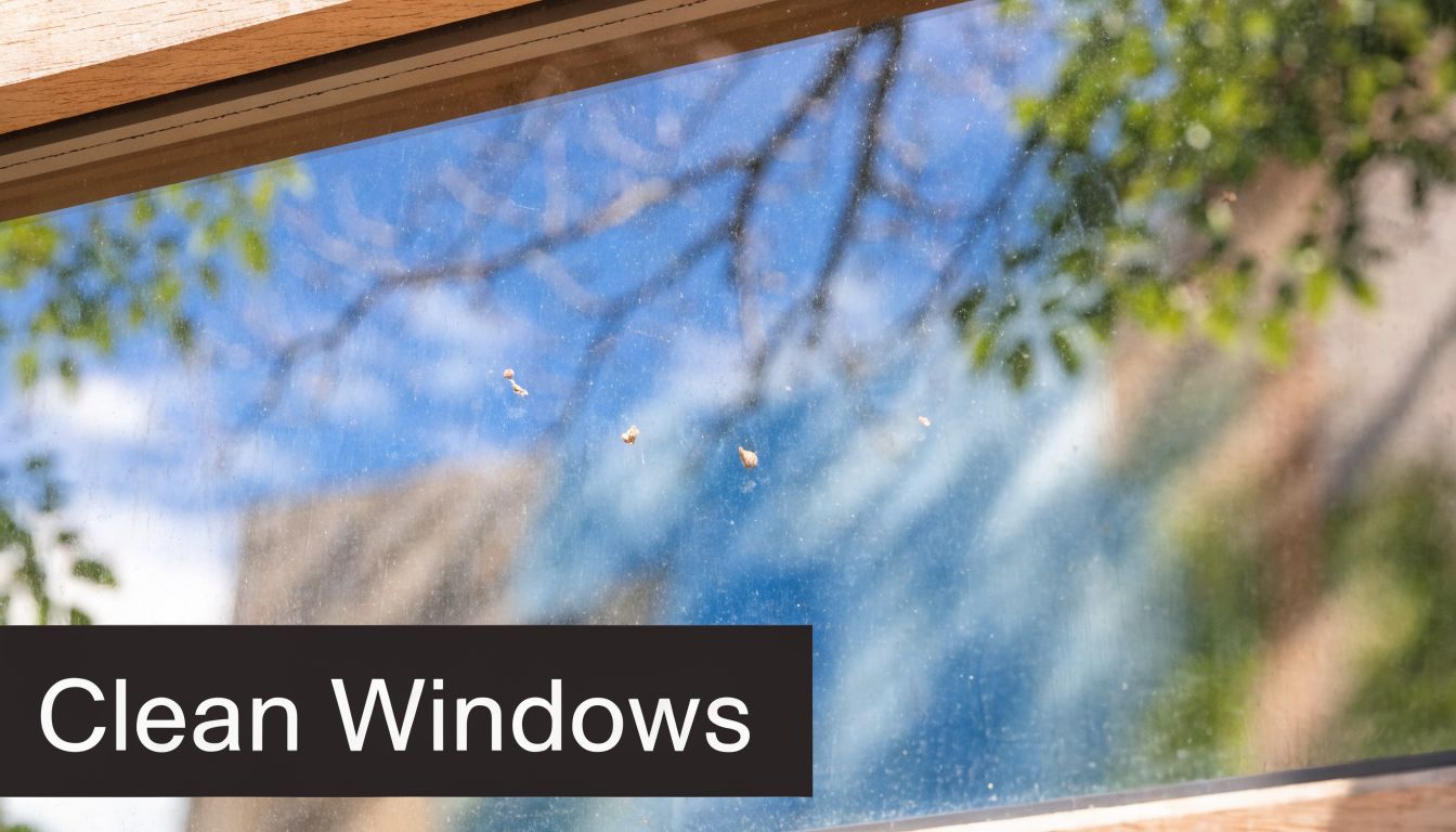 A dirty glass window with small spots reflecting trees and blue sky with a text overlay.