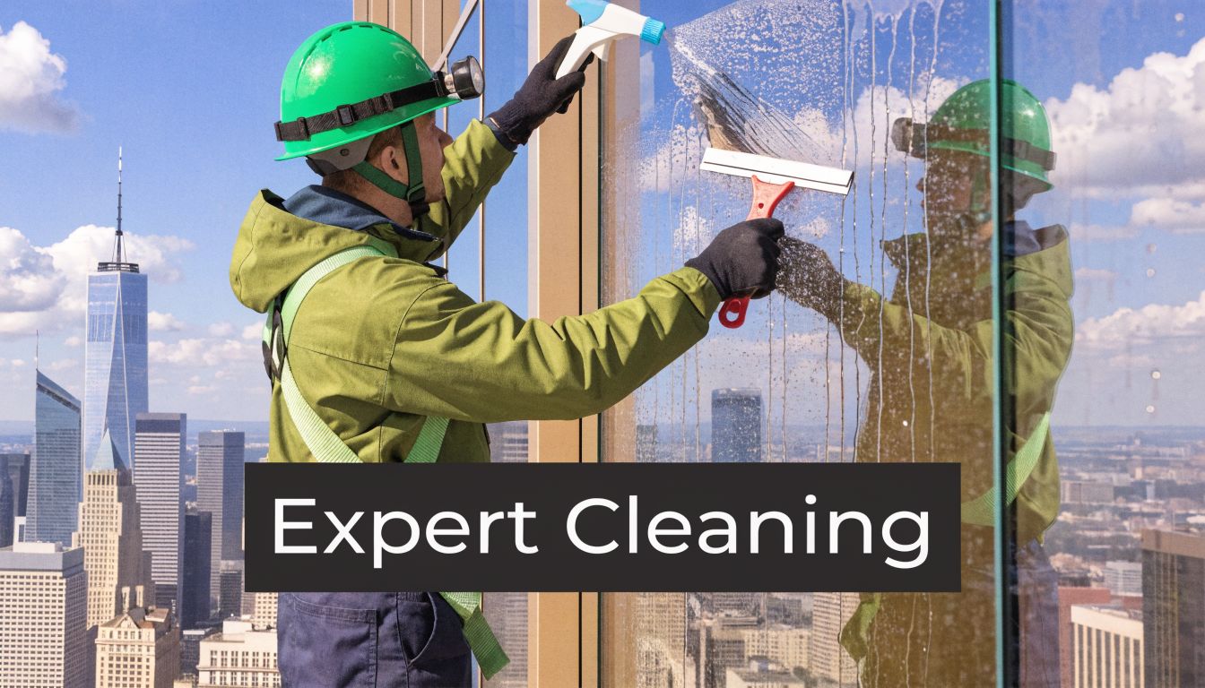 A professional window cleaner using a squeegee and spray on a high-rise building skyscraper with city view.