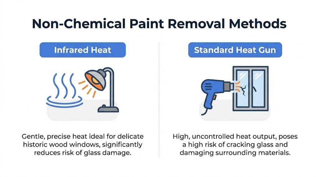 A comparison graphic showing infrared heat as a safer paint removal method than using a standard heat gun.