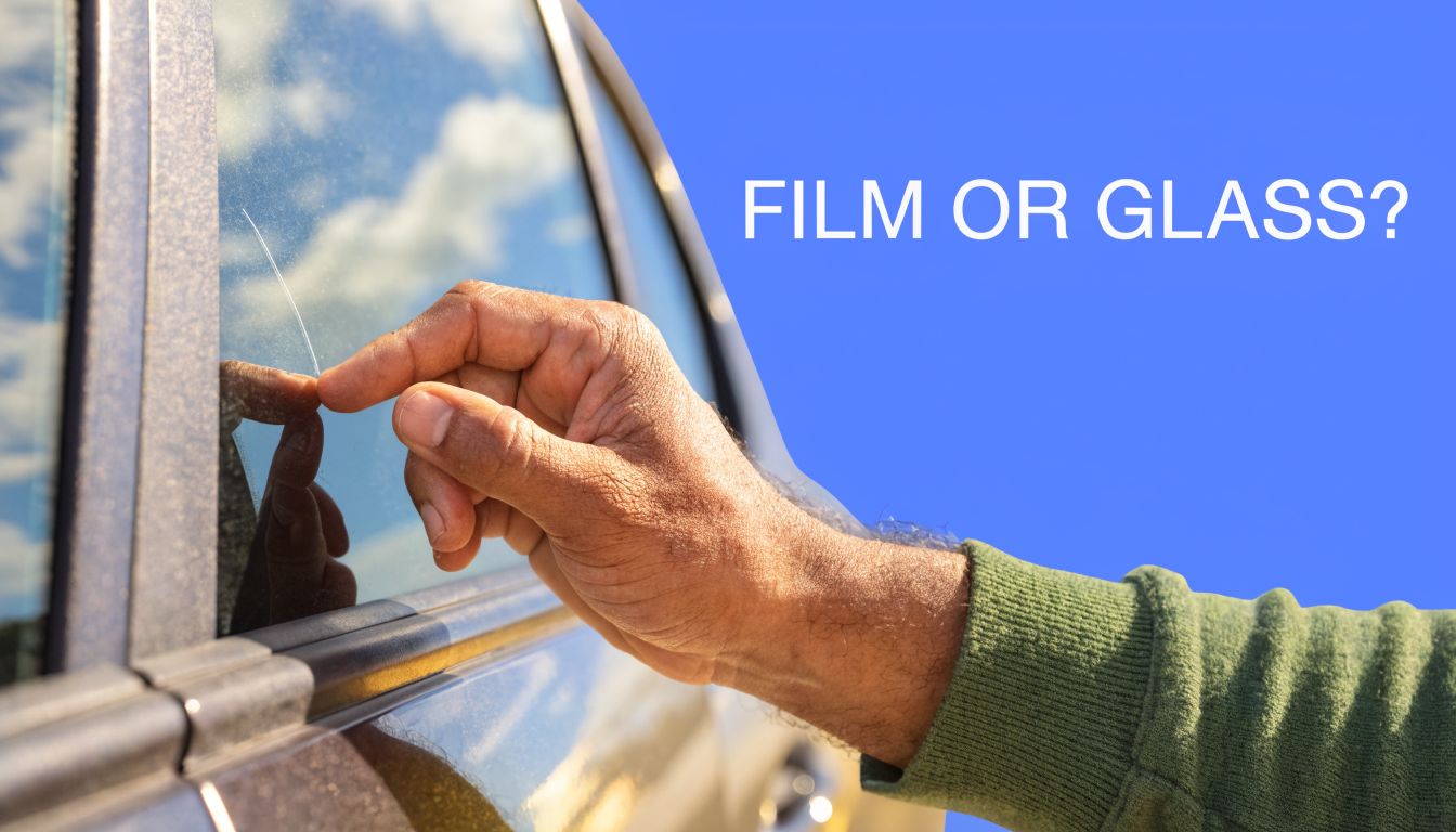 A close-up view of a person's finger pointing at a scratch on a car window tint film.