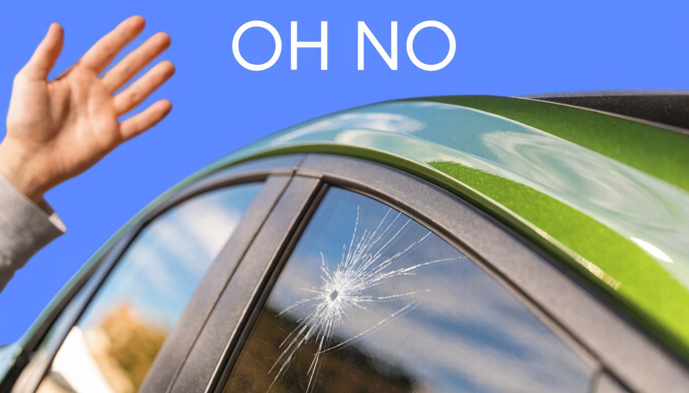 A person waving near a green car with a shattered and cracked side window glass.
