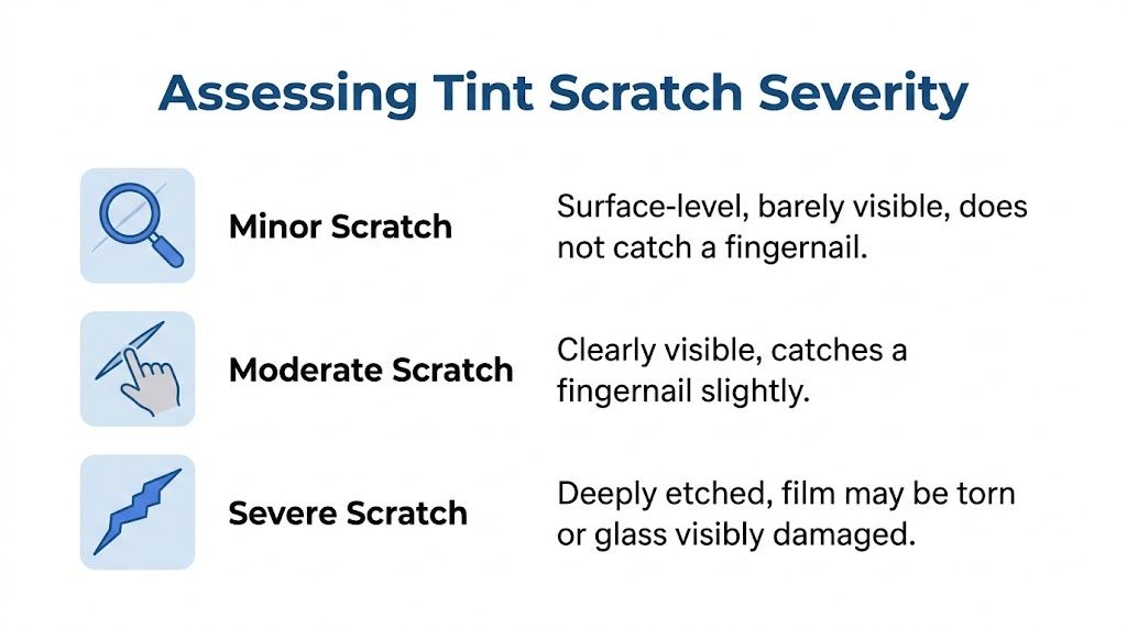 A chart detailing three levels of window tint scratch severity: minor, moderate, and severe, with descriptions.