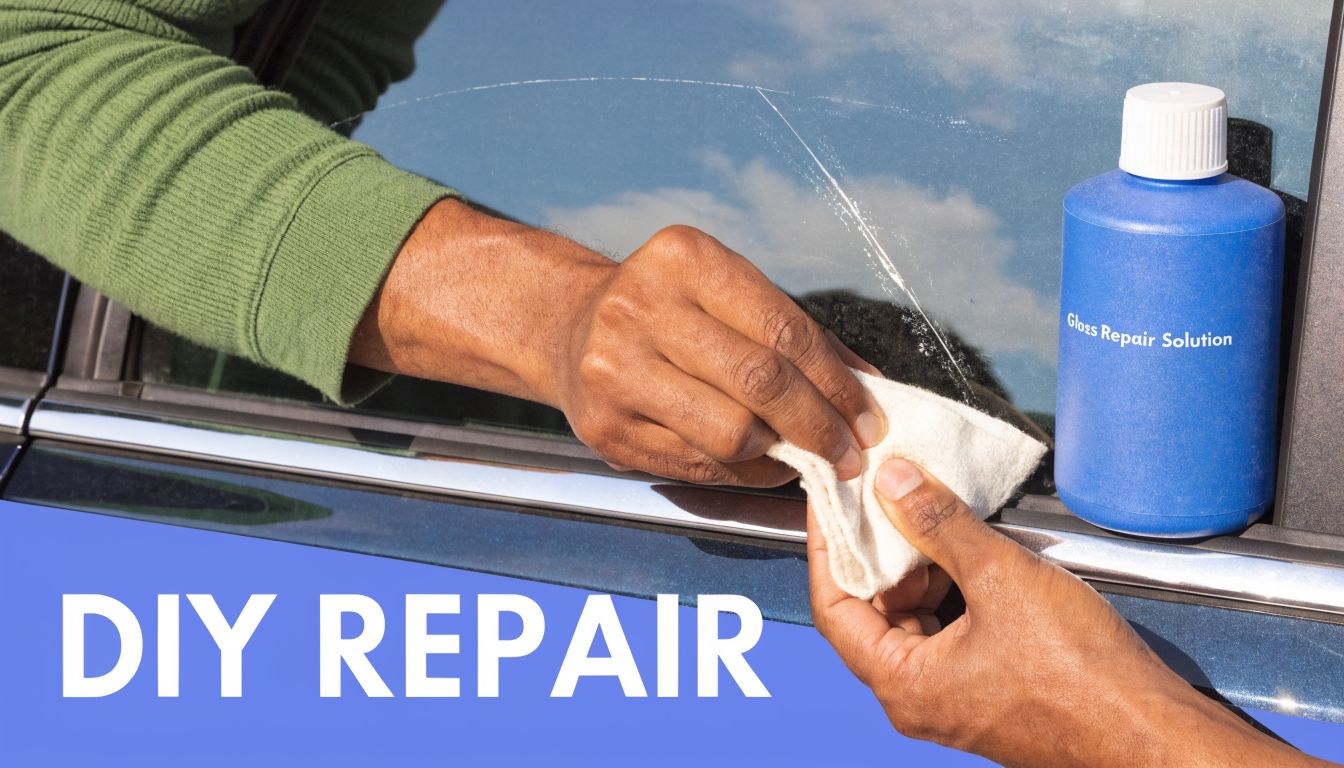 A person applying a gloss repair solution to a scratched car window with a small cloth.
