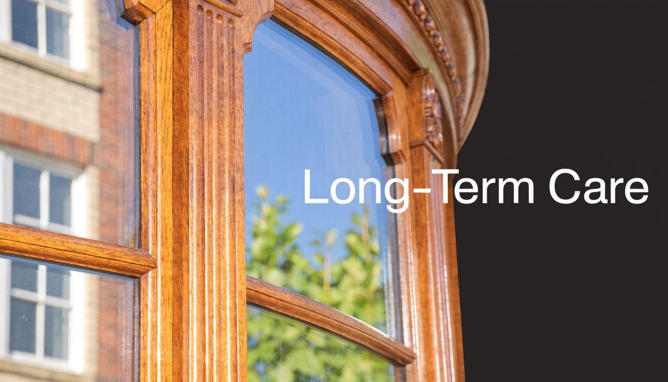 A close-up view of an elegant wooden bay window featuring intricate craftsmanship and reflective glass panes.