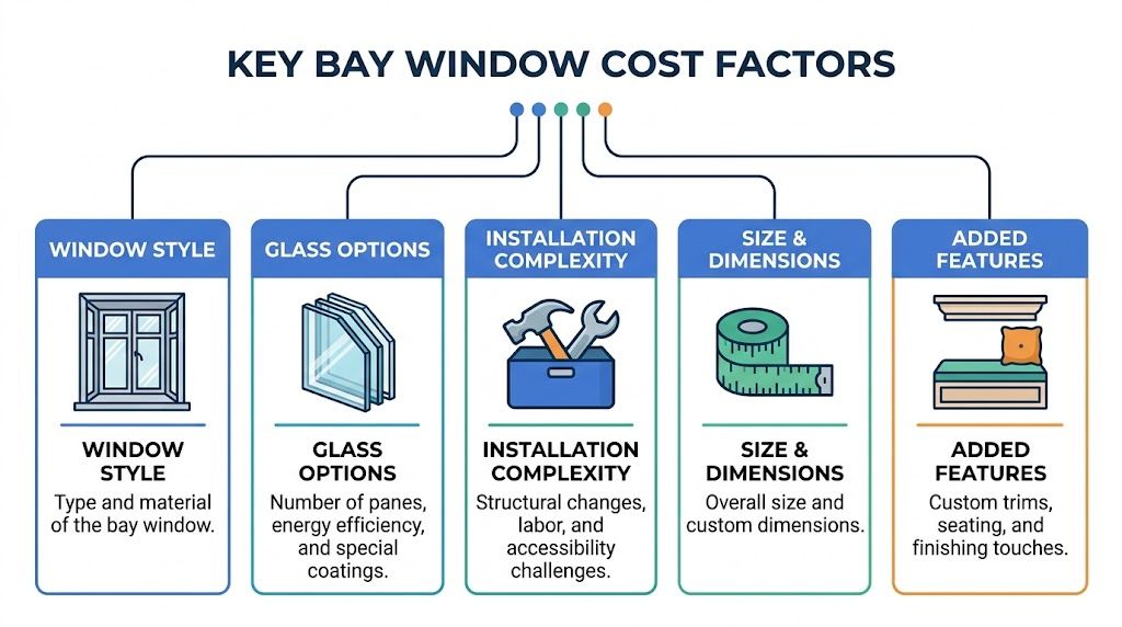 An infographic showing the five key factors influencing the total cost of installing a bay window.