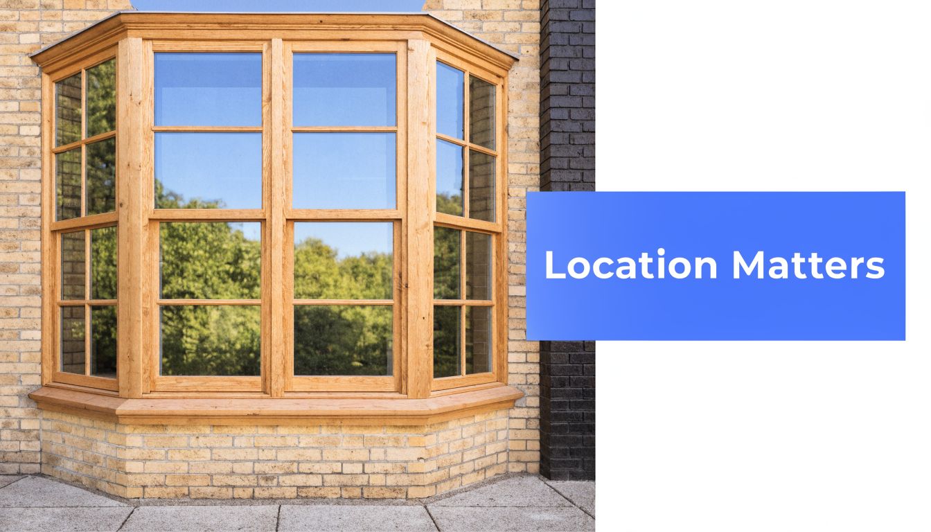A modern wooden bay window installed on a brick wall with green trees reflected in glass.