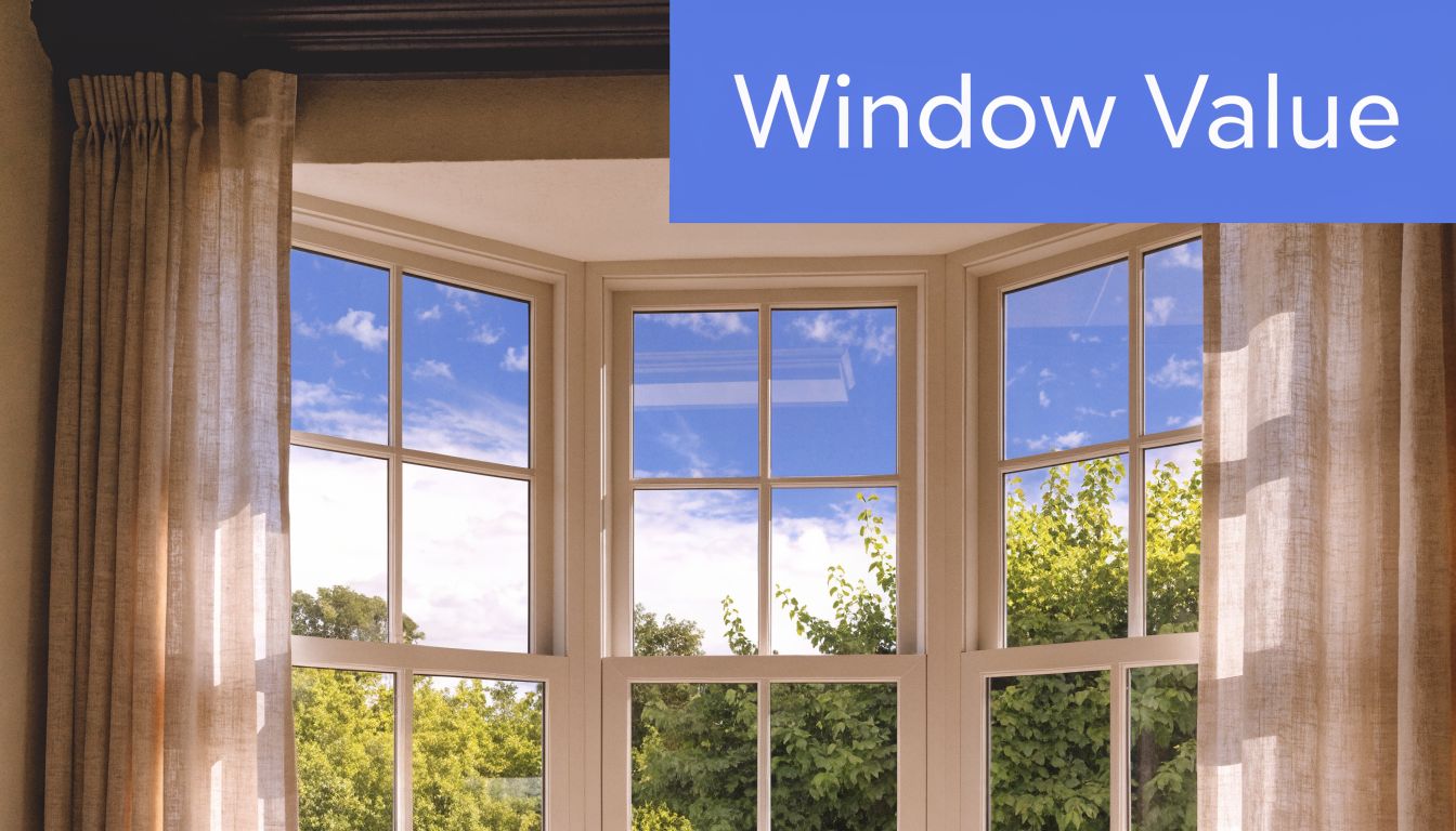 A bright, elegant bay window with beige curtains overlooking green trees and a clear blue sky.