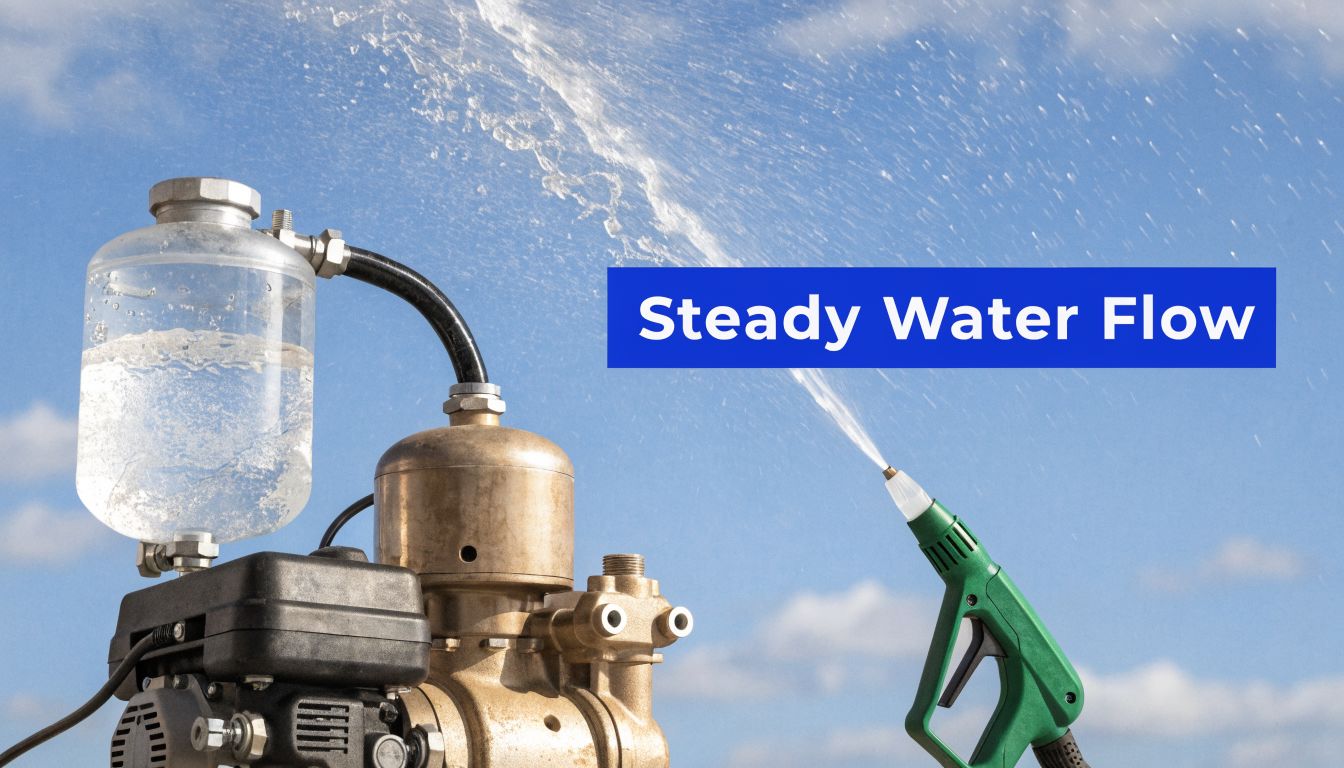 A close-up shot of a portable pressure washer setup with a buffer tank spraying water against blue sky.