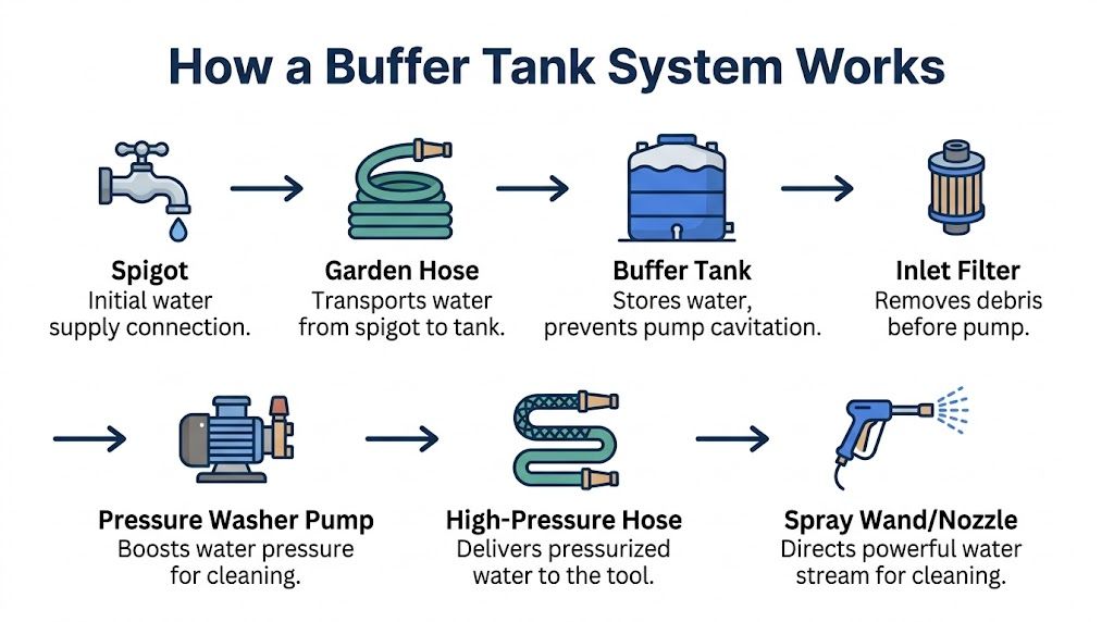 A diagram illustrating how a pressure washer buffer tank system functions from the water source to spray.