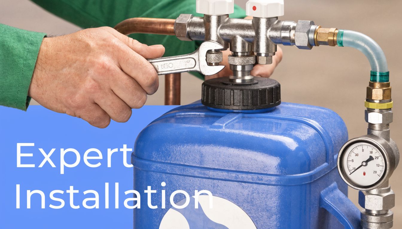 A professional technician using a wrench to install a pressure washer buffer tank system for maintenance.