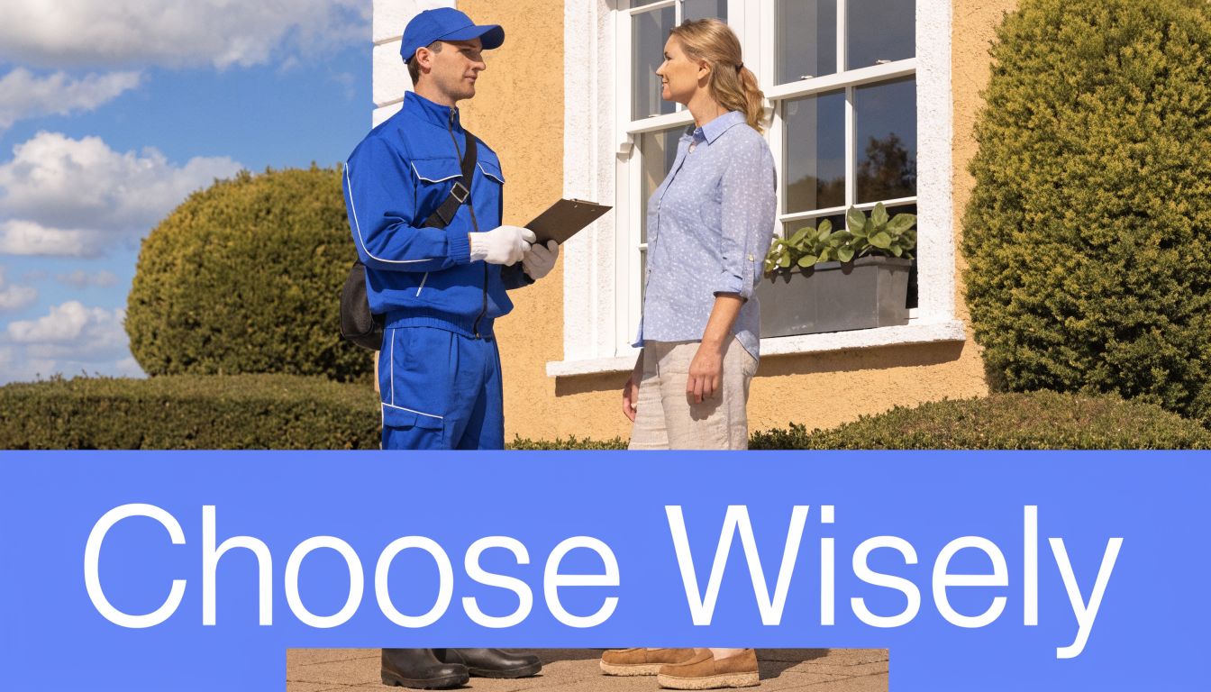 A professional window cleaner wearing a blue uniform speaks with a homeowner outside a modern residential house.