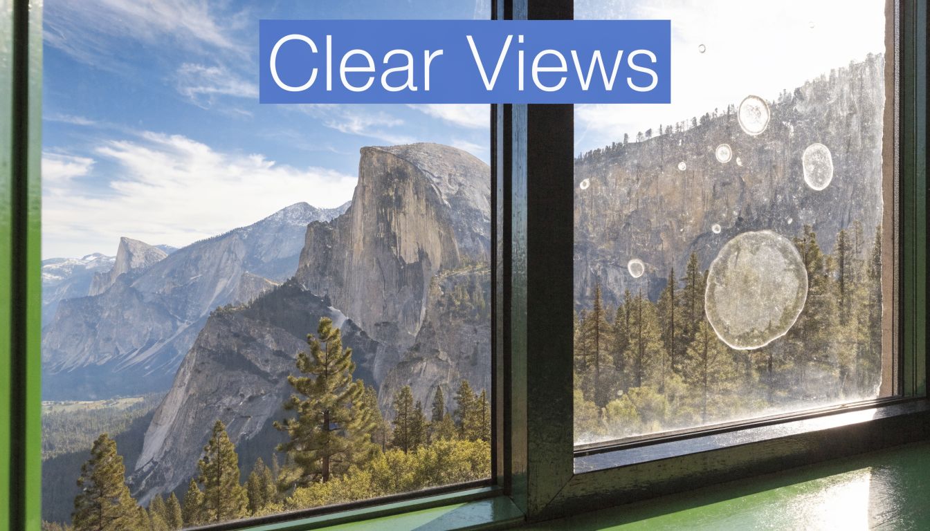 A view of Yosemite National Park from a window with dirty spots and smudges.