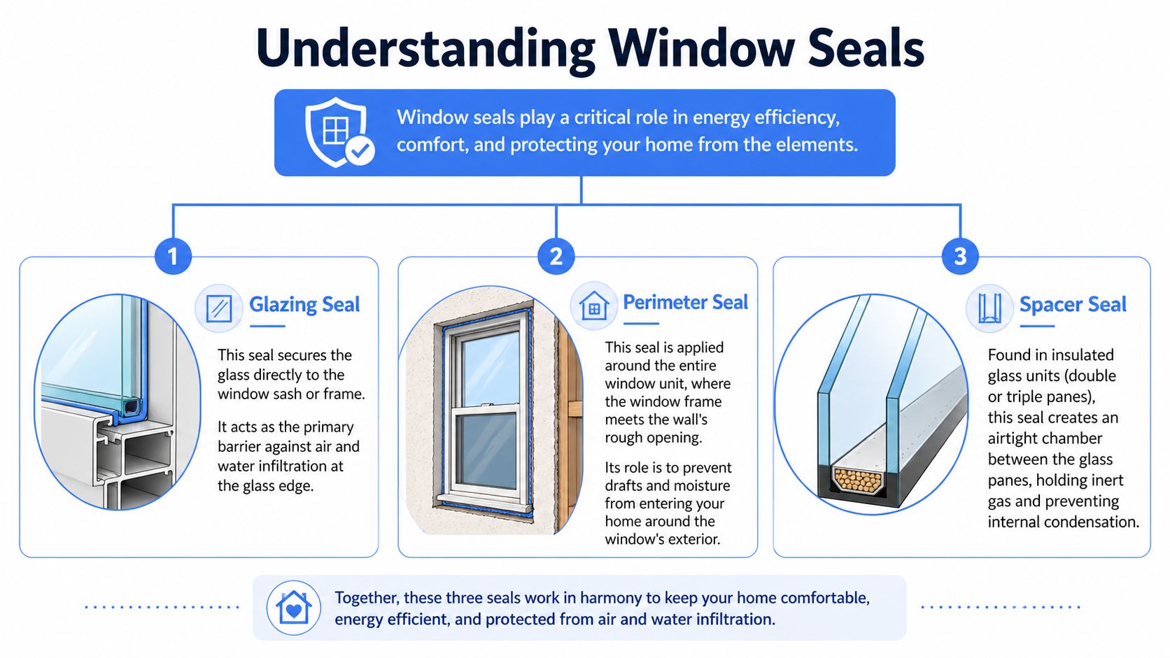 An infographic showing the three main types of window seals including glazing, perimeter, and spacer seals.