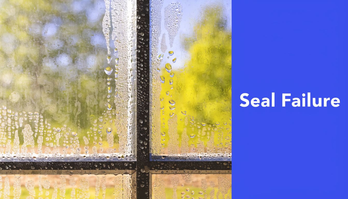A close-up view of a double-pane glass window experiencing moisture buildup between the panes due to seal failure.