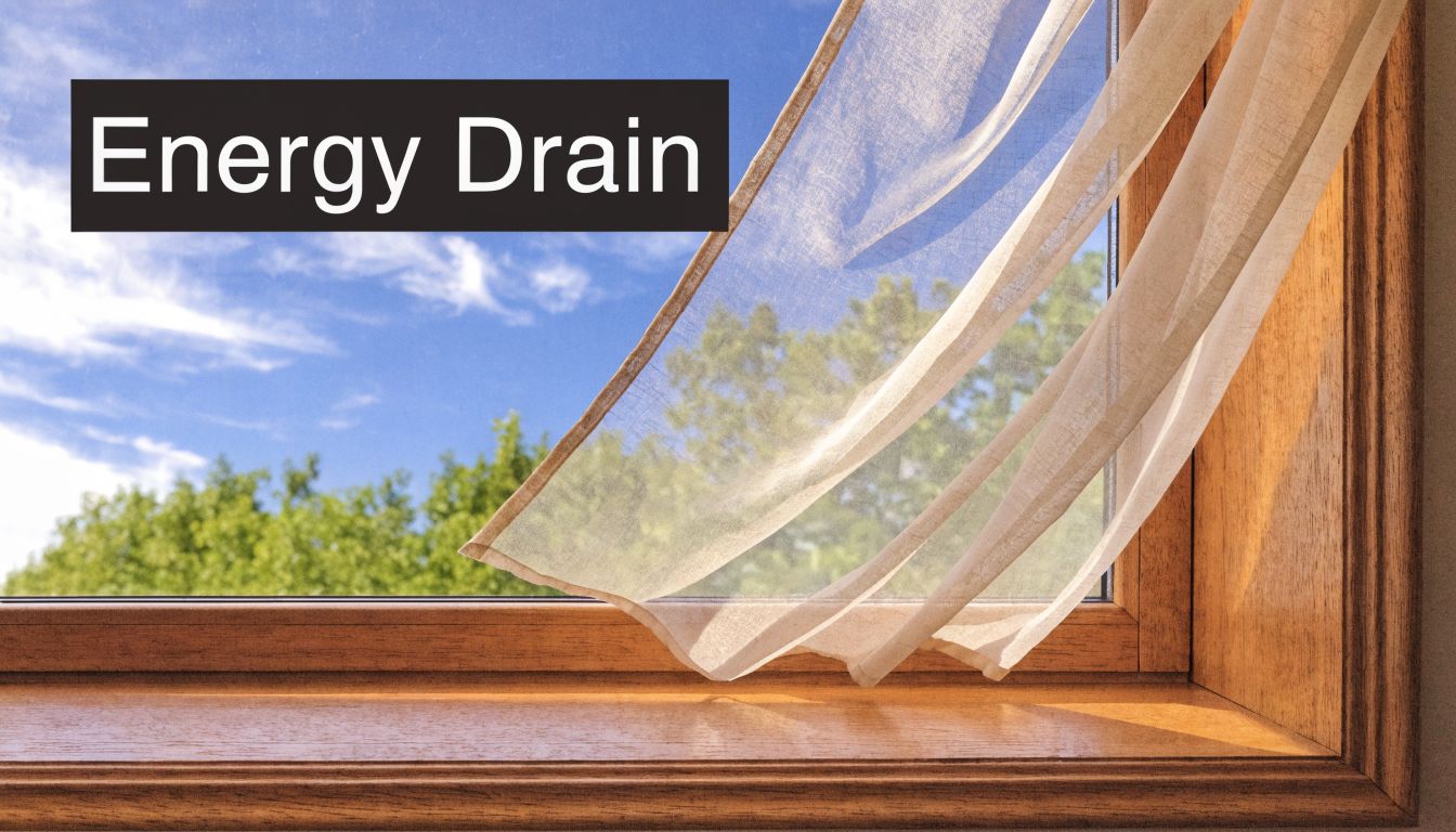 A wooden window frame showing a sheer curtain blowing in the breeze against a bright blue sky.
