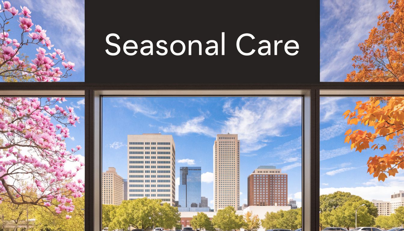 A view through a window showing a bright city skyline surrounded by seasonal spring and autumn trees.