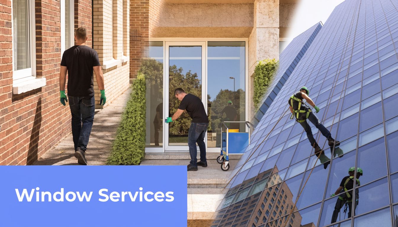 Professional window cleaners performing maintenance on both ground-level office entryways and high-rise glass building facades.