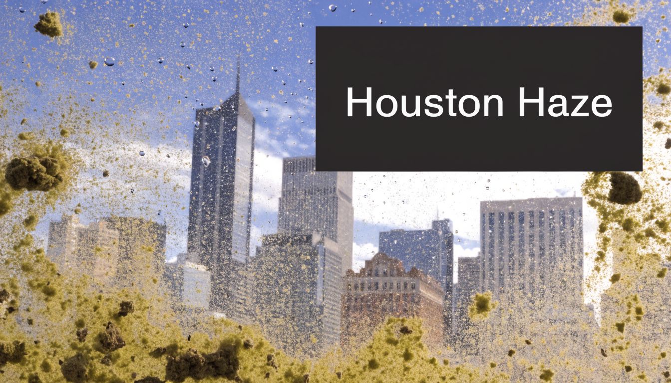A view of the Houston city skyline seen through a dirty window covered in pollen dust