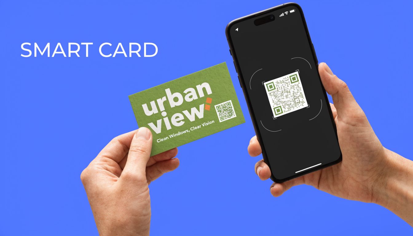 A person holding a green business card for Urban View window cleaning near a smartphone scanning a QR code.