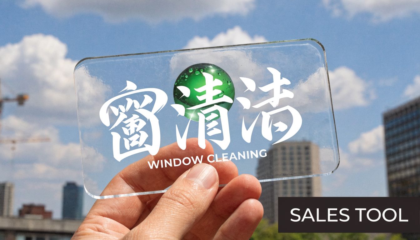 A hand holding a transparent card featuring Chinese calligraphy and the words Window Cleaning against a city.