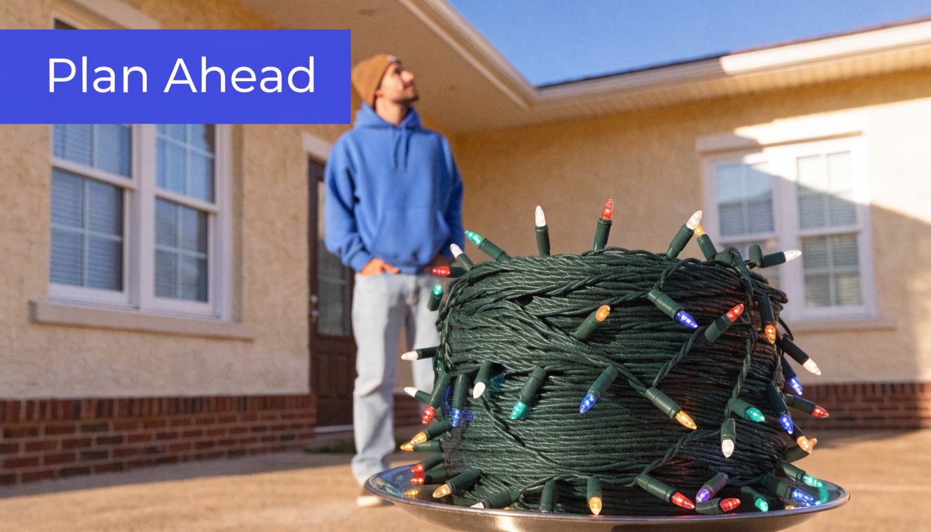 A person standing in front of a house looking up while holding a bundle of holiday lights.