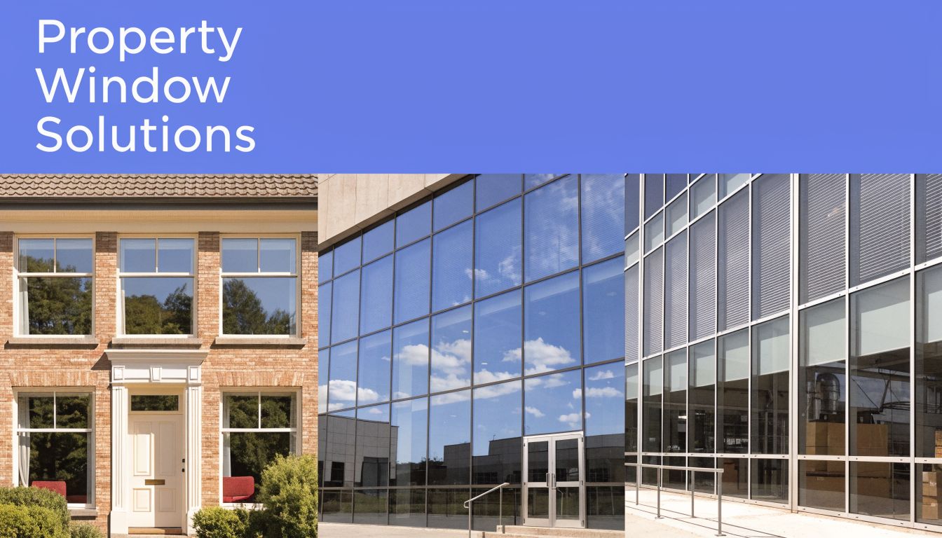 A collage showing residential brick home windows alongside modern commercial office building glass facade systems.