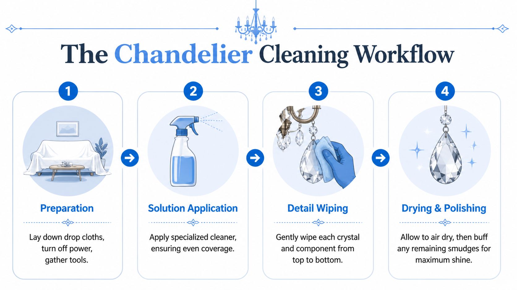 An infographic showing a four-step professional chandelier cleaning workflow including preparation, solution application, wiping, and polishing.