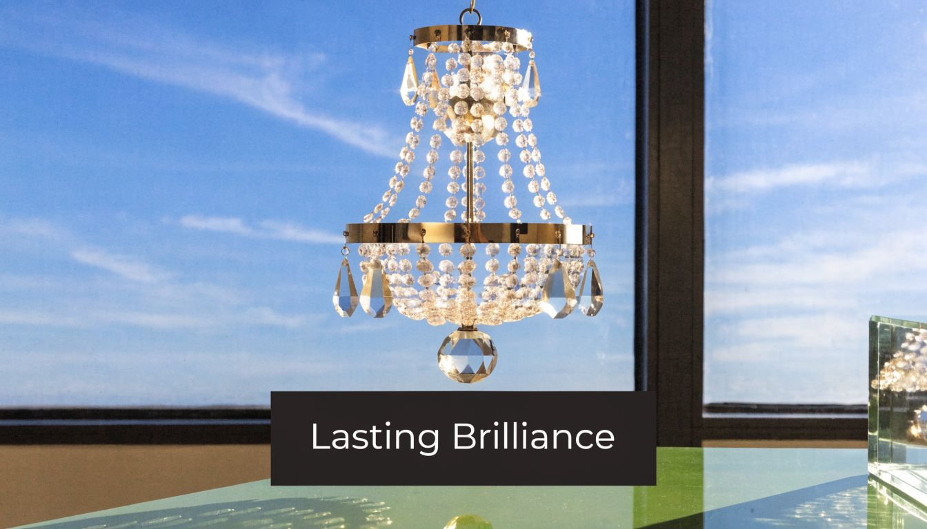 A sparkling crystal chandelier hangs in front of a window with a clear blue sky background.