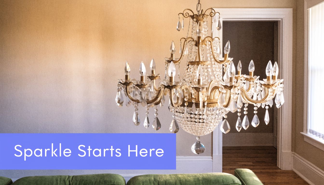 A sophisticated crystal chandelier hangs elegantly in a room, ready for professional cleaning and polishing.