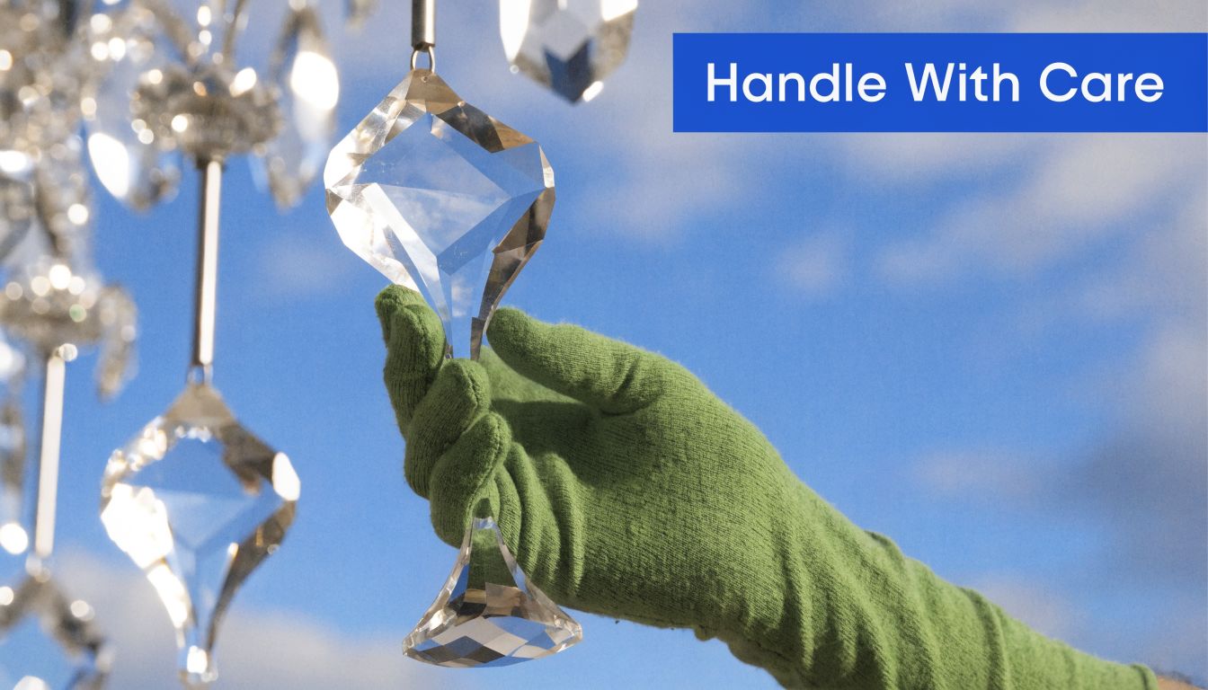 A hand in a green glove gently cleans a sparkling crystal chandelier piece against a blue sky.
